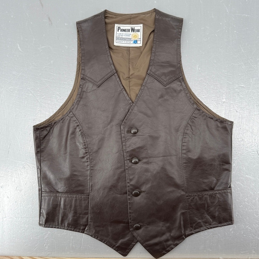 Vintage Pioneer Wear Brown Leather Western Vest Made in USA Albuquerque 12529